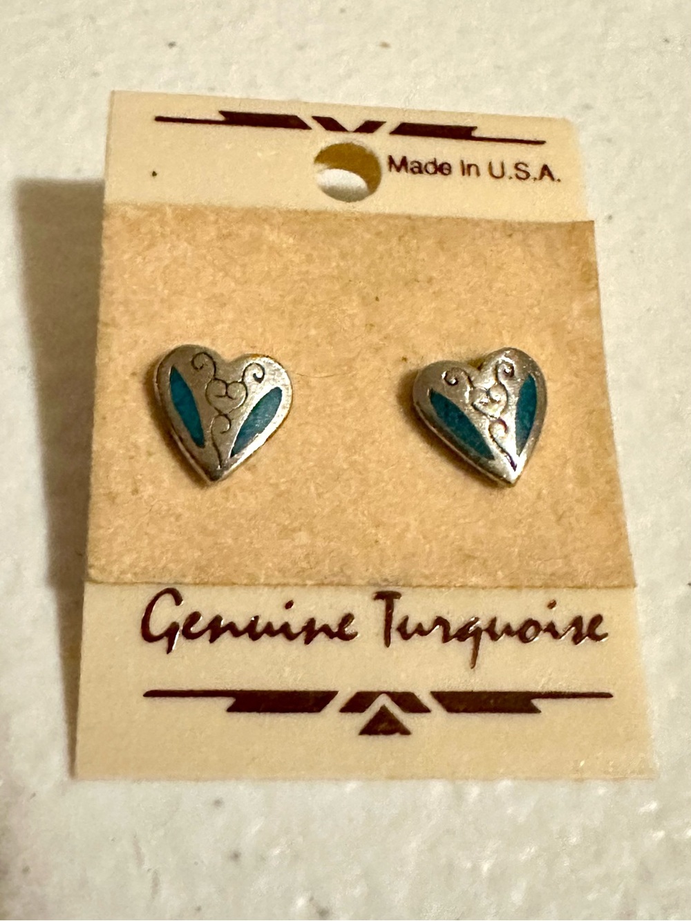 New Vintage Silver Heart Turquoise Stud Western Earrings Made in USA